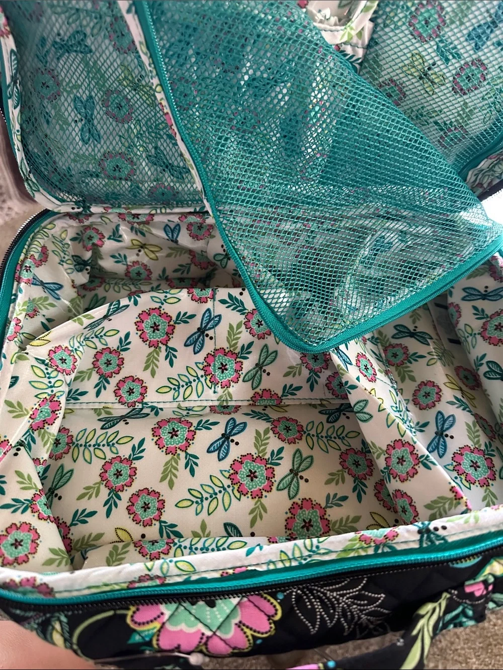 Vera Bradley Black Quilted Floral Makeup Bag with Mint Green and Pink Accents - Picture 7 of 10